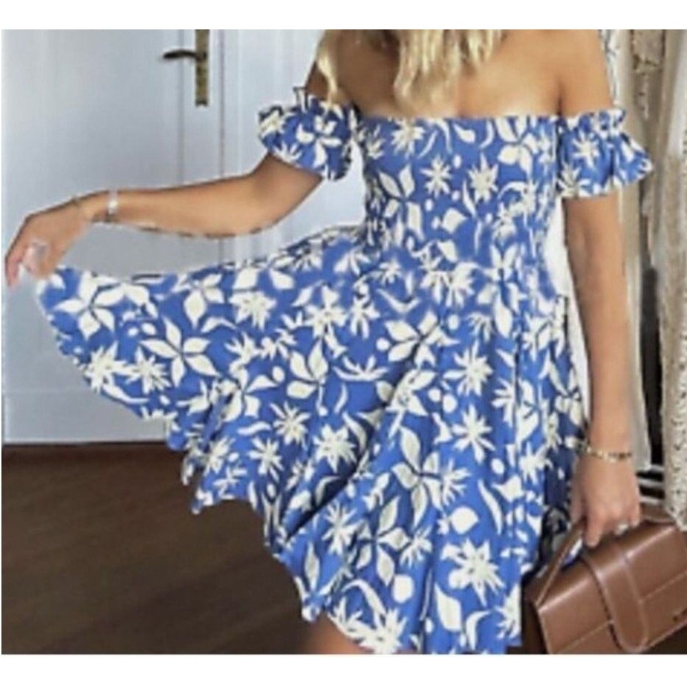 Zara Blue White Floral Smocked Off The Shoulder Mini Dress Size S Puff Sleeve